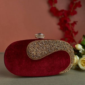 Velvet Emerald Green Clutch purse, bag Embroidered with faux diamonds, shoulder strap and handle for Wedding, Evening Party and Ethnic wear. Maroon