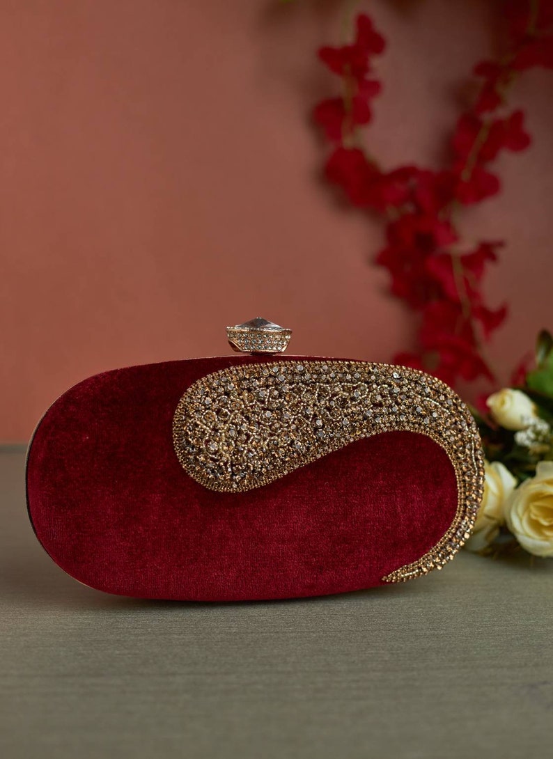 Velvet Emerald Green Clutch purse, bag Embroidered with faux diamonds, shoulder strap and handle for Wedding, Evening Party and Ethnic wear. Maroon