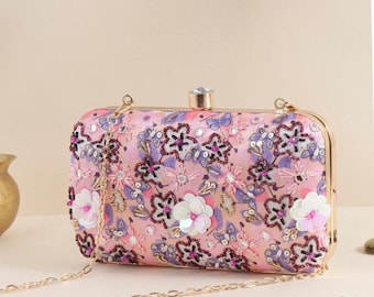 Orchid Pink Artistic Clutch purse, bag handmade work with Butterfly Pattern, metal sling and crossbody for Birthday and Evening party.