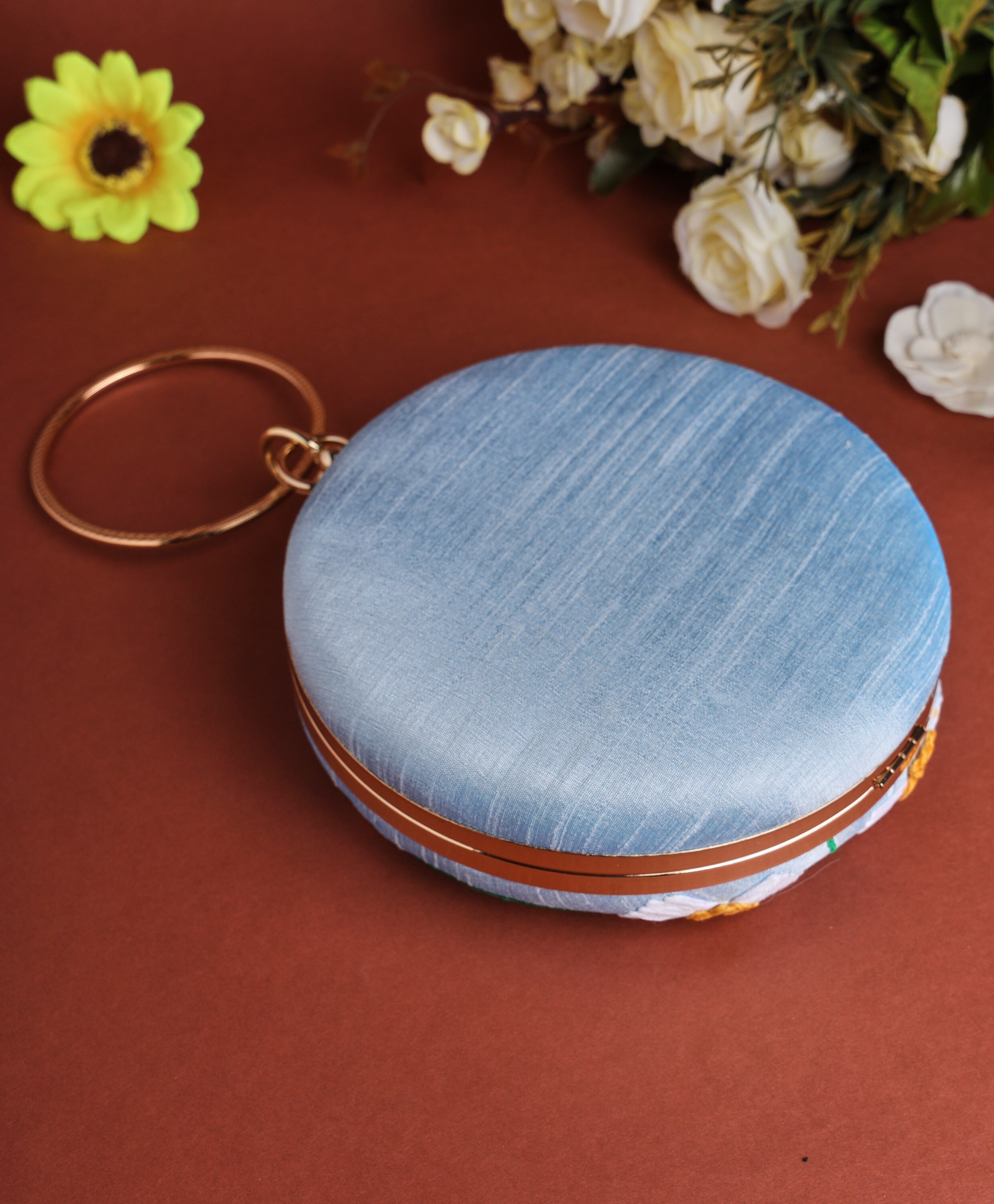 Sky Blue Round Clutch Purse, Bag With Floral Pattern, Silk Fabric