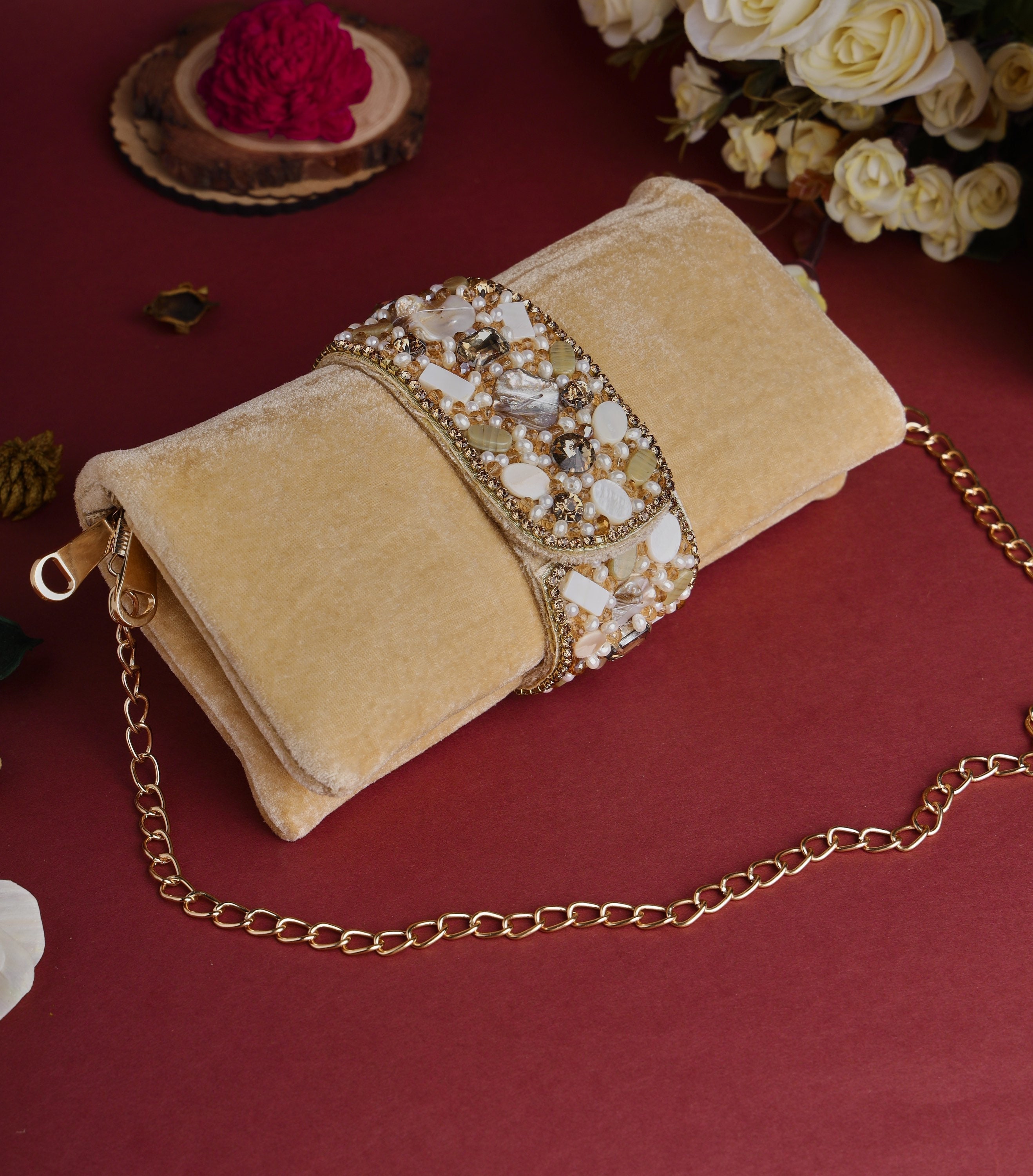 Handmade Designer Clutch Purse, Bag Shoulder Strap and Handle for Wedding, Ethnic Wear, Evening Party and Prom.