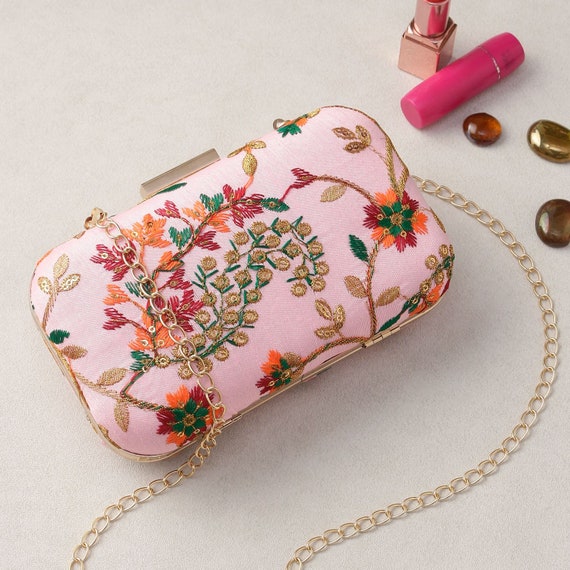 Pink Embroidered Party Clutch Purse/ Bag