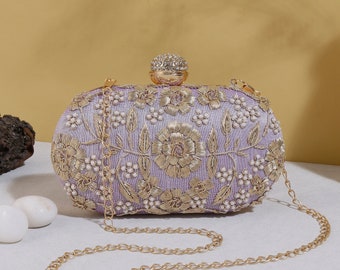 Pochette ricamata color lavanda, borsa con tessuto di seta, lavorazione con paillettes, lavorazione Zardozi e motivo a foglie per outfit western e tradizionali