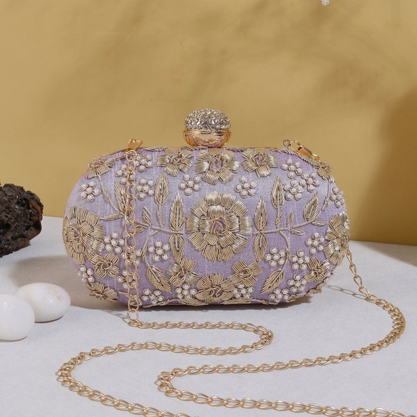 Lavender Embroidered clutch purse, bag with Silk fabric, Sequin Work, Zardozi work and Leaf Pattern for western and traditional outfit