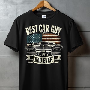 最高のカーガイのお父さんTシャツ、クラシックマッスルカーのアメリカ国旗デザイン、車好きのお父さんへのプレゼントに最適、メカニックのお父さんシャツ