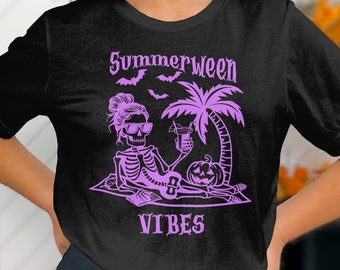 T-shirt Summerween Vibes, T-shirt de plage squelette mignon, Chemise d'été Halloween, T-shirt squelette drôle, T-shirt de saison effrayante, Chemise Halloween