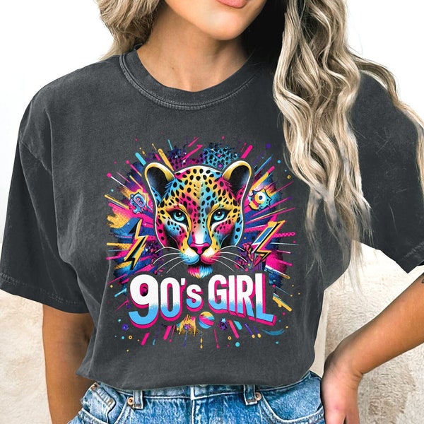 90s multi colored shirt 90's Girl, Leopard Print Retro Style Graphic T-Shirt, Vibrant Animal Design Tee. retro style gift