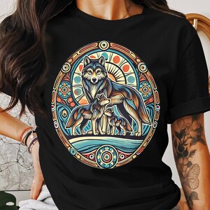 Wolf Family Art T-Shirt, Colorful Wolf Graphic Tee, Tribal Wolf Family Design Shirt, Nature Inspired Animal Tee, Boho Wolf Pack Shirt