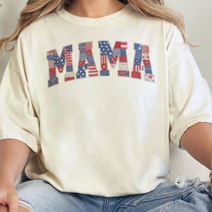 Patriotic Mama T-Shirt, Faux Patchwork Red White Blue Tee, Fourth of July Mom Life Shirt, Americana Mother's Day Gift for Her, Custom Colors