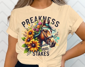 Preakness Stakes Horse Racing Floral T-Shirt, Colorful Equestrian Fashion Tee, Unisex Graphic Sports Shirt