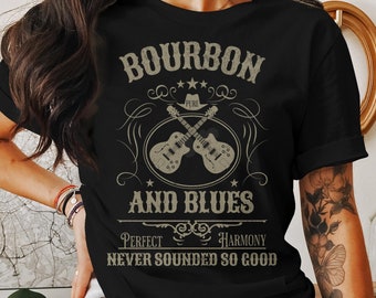 Vintage Bourbon And Blues T-Shirt, Classic Guitar Music Tee, Perfect Harmony Soft Cotton Shirt, Unisex Gift Idea