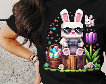 Cute Gamer Bunny T-Shirt for Easter, Pixel Art Rabbit and Easter Eggs, Perfect Easter Nerd Gift for Gamers, Funny Gaming Tee