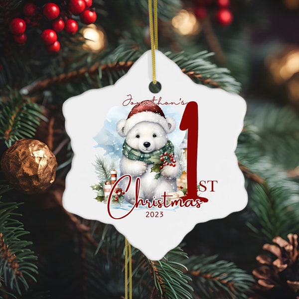 Personalized Baby's 1st Christmas Ornament, Baby Polar bear Ceramic ornament, Baby's First Christmas Decoration, Add Your Babies Name 2023