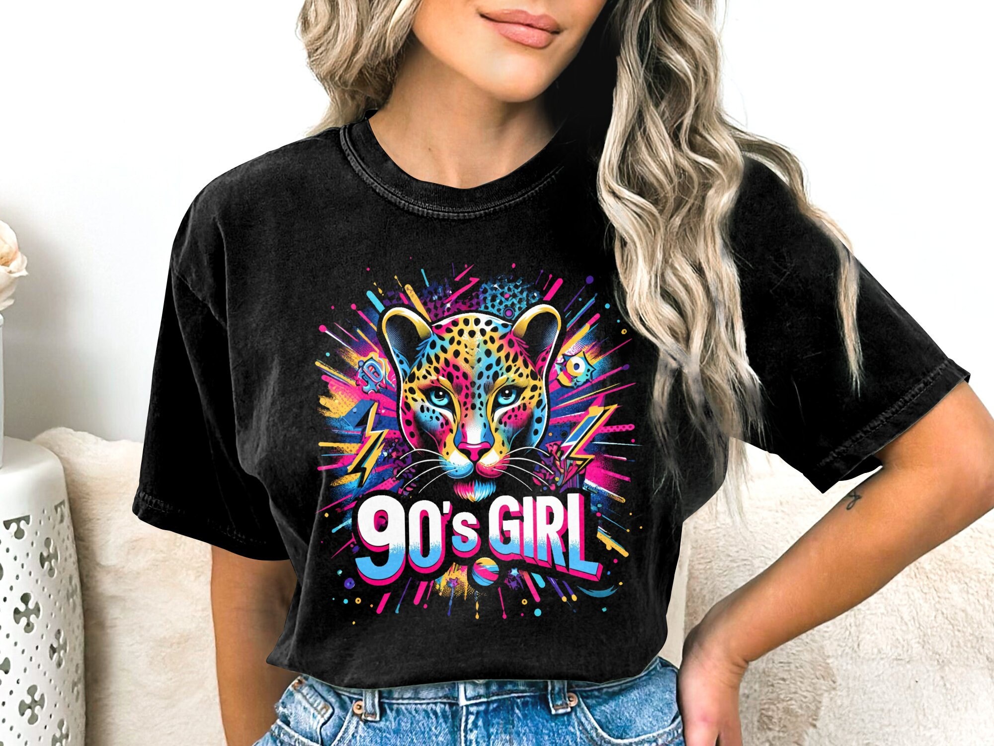 トップス 90 Logo Girl Tee Black yellow leopard 90s Multi Colored Shirt 90's Girl, Leopard Print Retro Style
