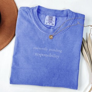 May include: A periwinkle blue t-shirt with the text "currently avoiding responsibility" in white. A gold necklace with a pendant rests on the shirt. A brown hat and dried plant are in the background.