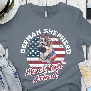 Patriotic German Shepherd T-Shirt, Man&#39;s Best Friend American Flag Tee, Dog Lover Gift, USA Flag Dog Breed Shirt, Unisex Adult Clothing