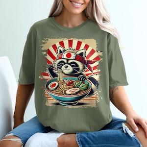Camiseta de mapache comiendo ramen, camiseta kawaii para amantes del ramen, camiseta de comida japonesa con dibujos animados, divertida camiseta con estampado de animales, regalo para los amantes del ramen