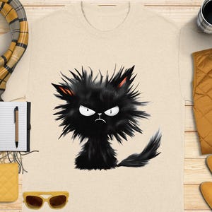 T-shirt knorrige zwarte kat, grappig T-shirt boos katje, cadeau schattige kattenliefhebber, shirt nieuwigheid kitten, shirt cartoon kat, T-shirt eigenzinnige kat, T-shirt eigenzinnige kat