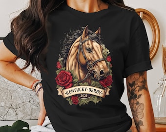 May include: Black t-shirt with a brown horse head illustration surrounded by red roses and green leaves. The text "Kentucky Derby 2025" is printed on a white banner.