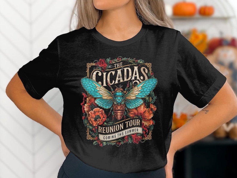 The Cicadas Reunion Tour T-Shirt, Retro Music Band Shirt, Summer Concert Tee, Vintage Insect Design, Unique Graphic Tee, Music Lover Gift image 1