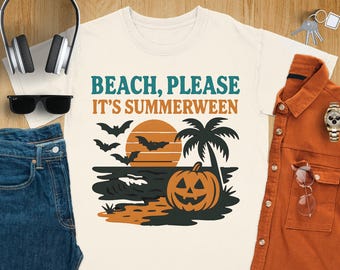 Summerween T-Shirt, Strand bitte, Halloween im Sommer, lustiges Halloween-T-Shirt, gruselige Jahreszeit Vibes, Halloween Strand-T-Shirt, einzigartiges Design