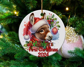 Adorno navideño personalizado con forma de burro bebé, primera Navidad de 2024, decoración navideña personalizada, bonito regalo festivo de recuerdo