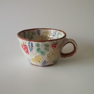 Rustic Summer Flowering Cup Handmade Ceramic Cup Strawberry Lemon Mug for Coffee Lover Ceramic Colorful Mug for Daughter Lemon Cup