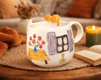 Taza de cerámica pintada a mano con gato naranja durmiendo – Taza con escena de habitación acogedora – 350 ml