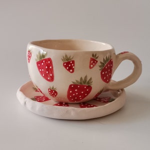 Handmade Ceramic Cute Strawberry Cup and Saucer