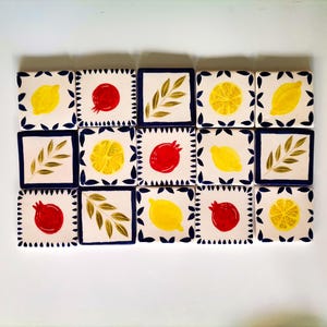 Mediterranean Ceramic Tiles Set – 15-Piece (2.16&quot;x2.16&quot;) Decorative Tiles with Olive Branch, Pomegranate & Lemon Motifs - Boho Wall Art