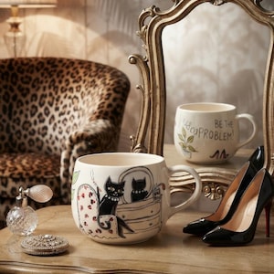 Handmade Ceramic Mug, Black Cat Pottery, "Be the Problem" Quote, 14 oz Coffee Cup