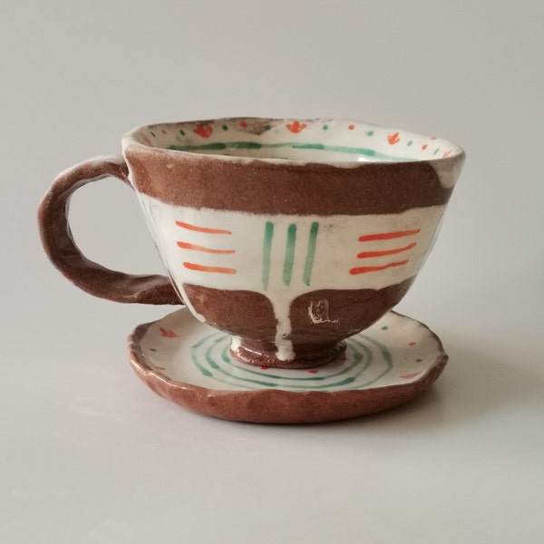 Handmade Ceramic Cup and Saucer by Hülya Kayalar, Antique Look Cup Uniquely Designed, Made in Turkey,