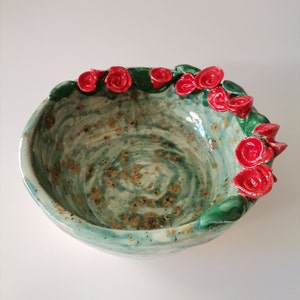 Handmade Ceramic Bowl with Red Roses Perfect Mother's Day Gift, Big Serving Bowl, one-of-a-kind artisanal bowl, functional art image 1