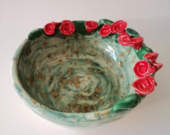 Handmade Ceramic Bowl with Red Roses - Perfect Mother's Day Gift, Big Serving Bowl, one-of-a-kind artisanal bowl, functional art