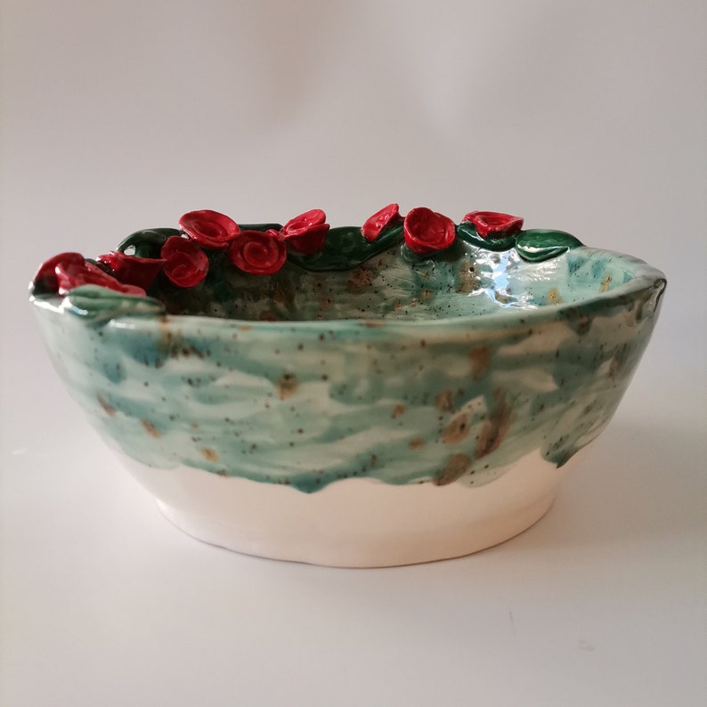 Handmade Ceramic Bowl with Red Roses Perfect Mother's Day Gift, Big Serving Bowl, one-of-a-kind artisanal bowl, functional art image 5