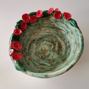 Handmade Ceramic Bowl with Red Roses Perfect Mother's Day Gift, Big Serving Bowl, one-of-a-kind artisanal bowl, functional art image 6