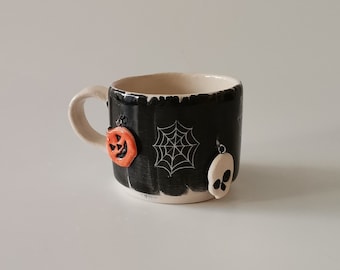 Enchanting Handmade Ceramic Cup with Spooky Hangings – Truly Unique Halloween Decor