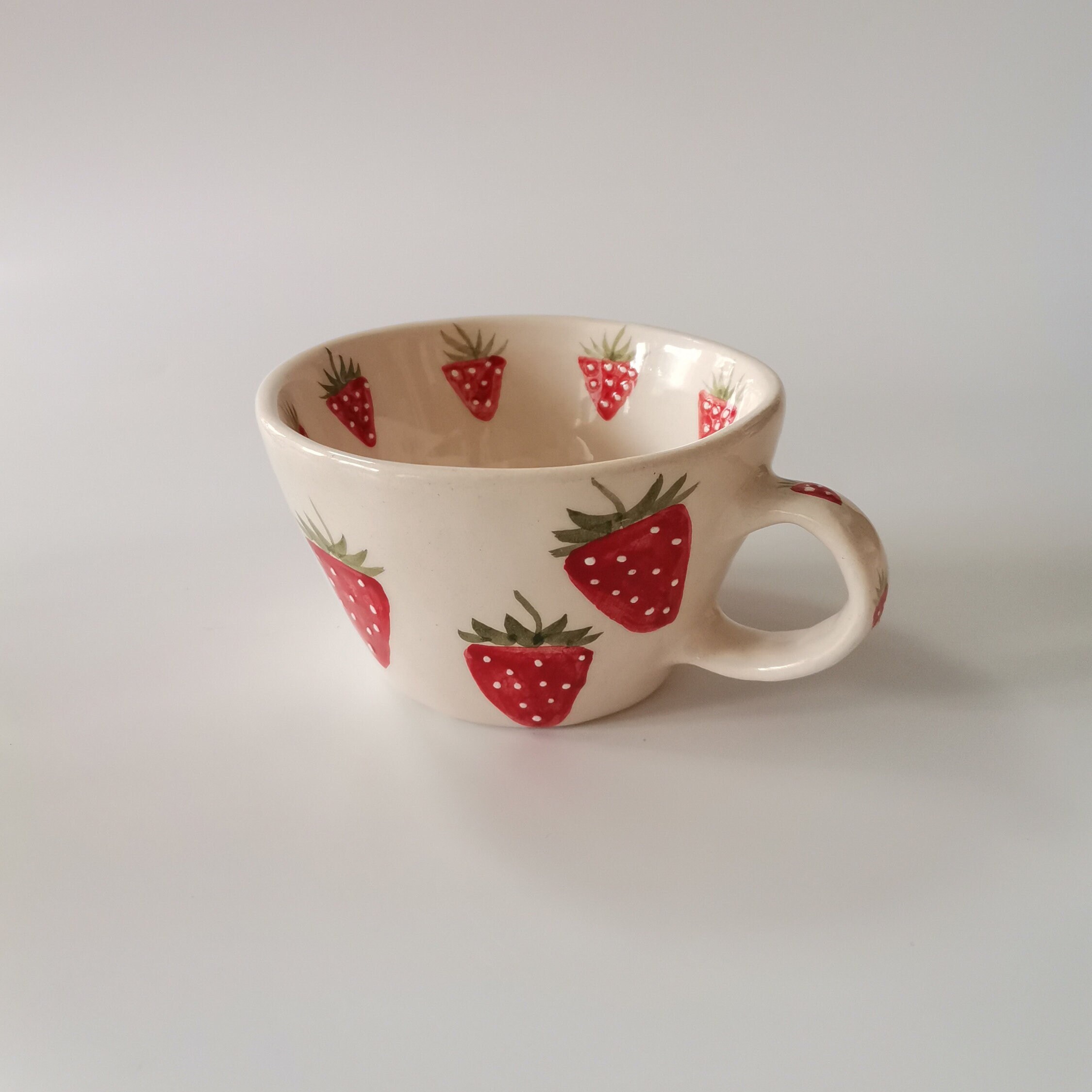Handmade Extra Large Coffee Mug Cute Strawberries by HulyaKayalarCeramics
