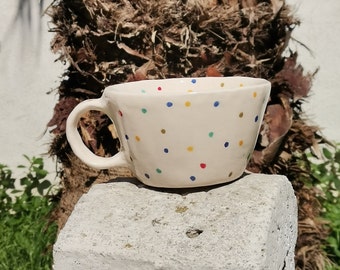 Colorful Dot Delight: Handmade Ceramic Mug for Vibrant Sips, Eco-friendly coffee cup embellished with colorful dots, Gift For Her