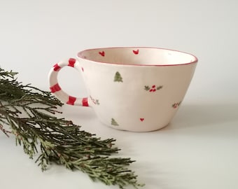 Christmas Joy Handmade Ceramic Coffee Cup - Festive Holiday Pattern, Unique Xmas Gift