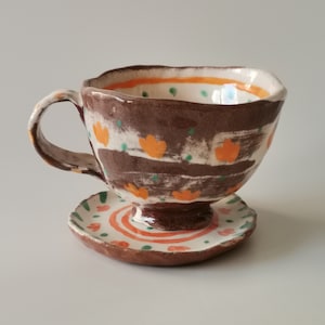 Handmade Ceramic Cup and Saucer by Hülya Kayalar, Antique Look Cup Uniquely Designed, Made in Turkey