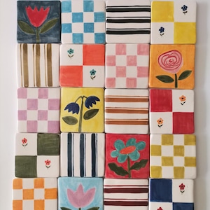Unique Hand-Painted 7x7 Ceramic Tile Set – 20 Pieces with Floral, Stripes & Checks Patterns