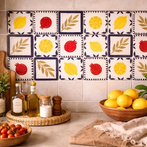Mediterranean Ceramic Tile Set: Olive, Lemon, Pomegranate - Boho Decor (2.16"x2.16")