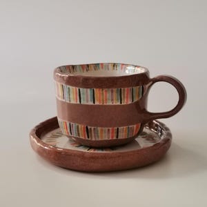 Orient Buntes Design Handgefertigte Keramik Türkisches Kaffeeset in Doppelgröße mit echtem türkischen Kaffee, 5 Unzen Handgefertigte Keramikkaffeetassen für 6