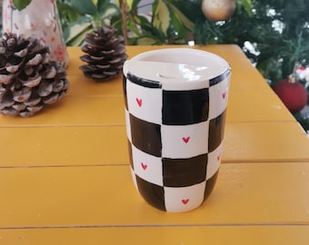 Handmade Ceramic Tumbler – Black and White Checkered with Red Heart Design