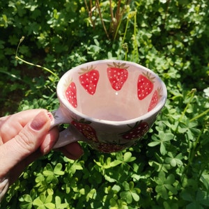 Cute Strawberry Cup For daughter Extra Large Coffee Mug Hand Painted Oversized Cup Tea Mug For Tea Lover Office Mug For Coffee Lover Gift