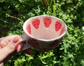 Cute Strawberry Cup For daughter Extra Large Coffee Mug Hand Painted Oversized Cup Tea Mug For Tea Lover Office Mug For Coffee Lover Gift