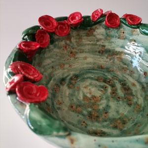 Handmade Ceramic Bowl with Red Roses Perfect Mother's Day Gift, Big Serving Bowl, one-of-a-kind artisanal bowl, functional art image 3