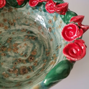 Handmade Ceramic Bowl with Red Roses Perfect Mother's Day Gift, Big Serving Bowl, one-of-a-kind artisanal bowl, functional art image 4