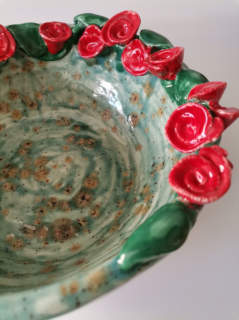 Handmade Ceramic Bowl with Red Roses Perfect Mother's Day Gift, Big Serving Bowl, one-of-a-kind artisanal bowl, functional art image 4